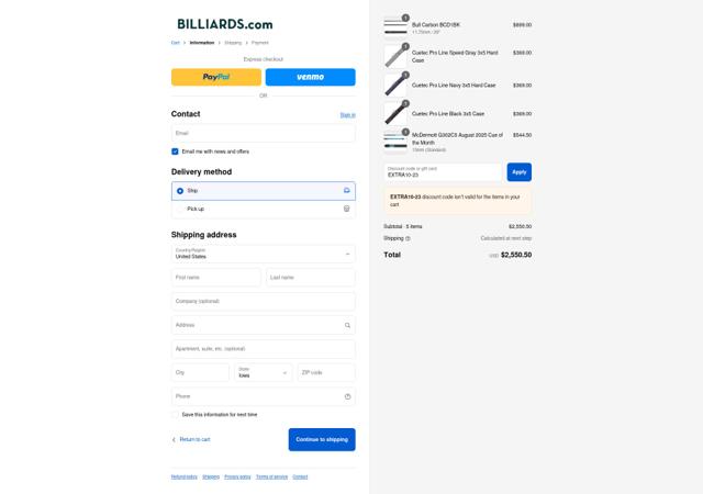 Billiards.com checkout page showing Billiards.com coupon code box | Screenshot taken by SimplyCodes community member on Sep 11, 2025