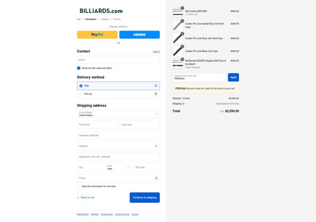Billiards.com checkout page showing Billiards.com coupon code box | Screenshot taken by SimplyCodes community member on Sep 11, 2025