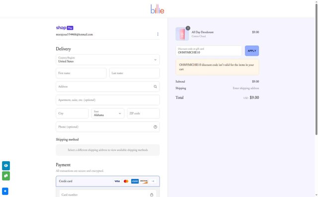 Billie checkout page showing Billie promo code box | Screenshot taken by SimplyCodes community member on Jun 29, 2025
