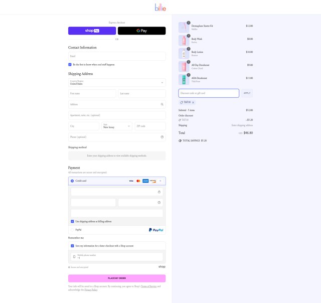 Billie checkout page showing Billie promo code box | Screenshot taken by SimplyCodes community member on Jun 21, 2025