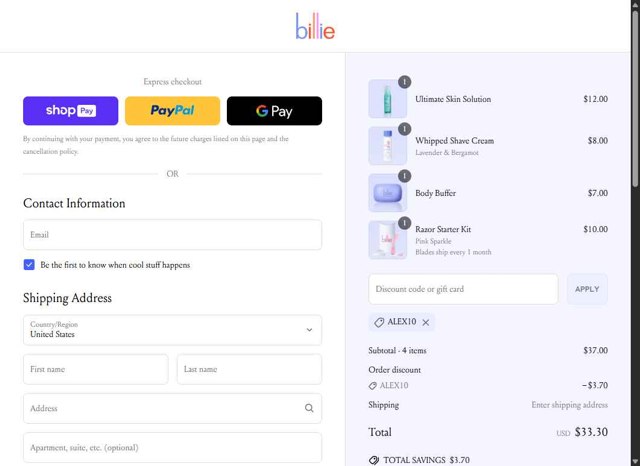 Billie checkout page showing Billie promo code box | Screenshot taken by SimplyCodes community member on Jun 29, 2025