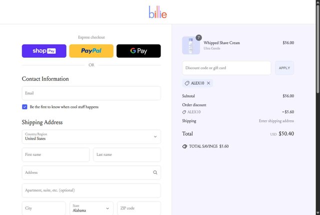Billie checkout page showing Billie promo code box | Screenshot taken by SimplyCodes community member on Jun 29, 2025