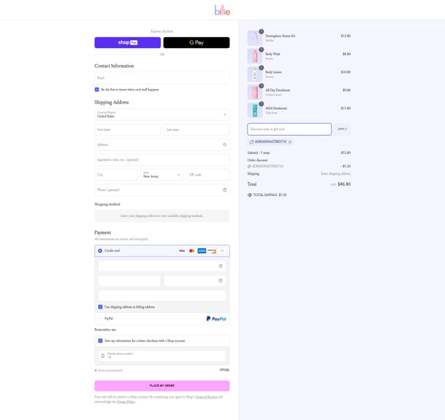 Billie checkout page showing Billie promo code box | Screenshot taken by SimplyCodes community member on Jun 21, 2025