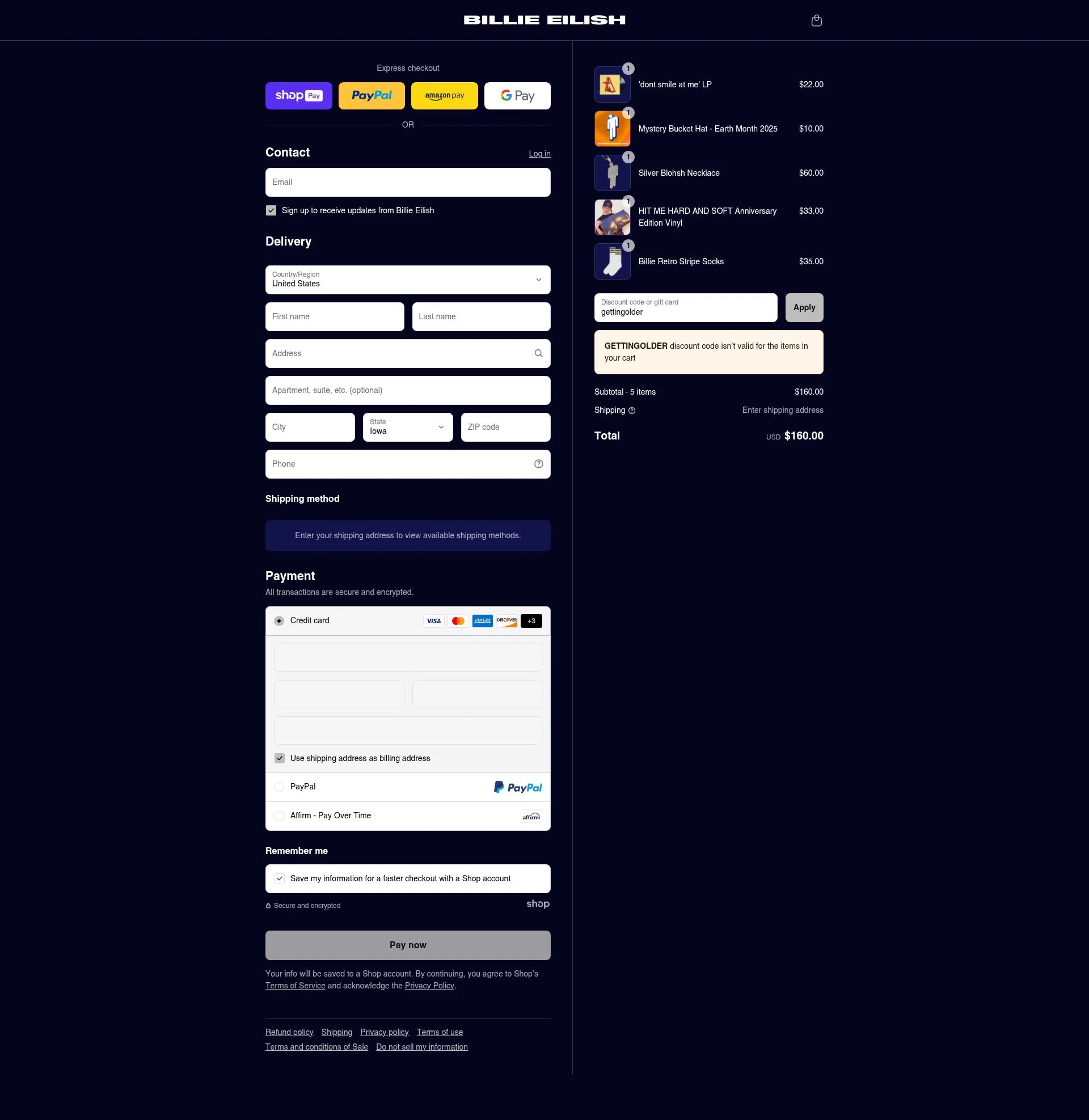 Billie Eilish checkout page showing Billie Eilish discount code box | Screenshot taken by SimplyCodes community member on Aug 4, 2025