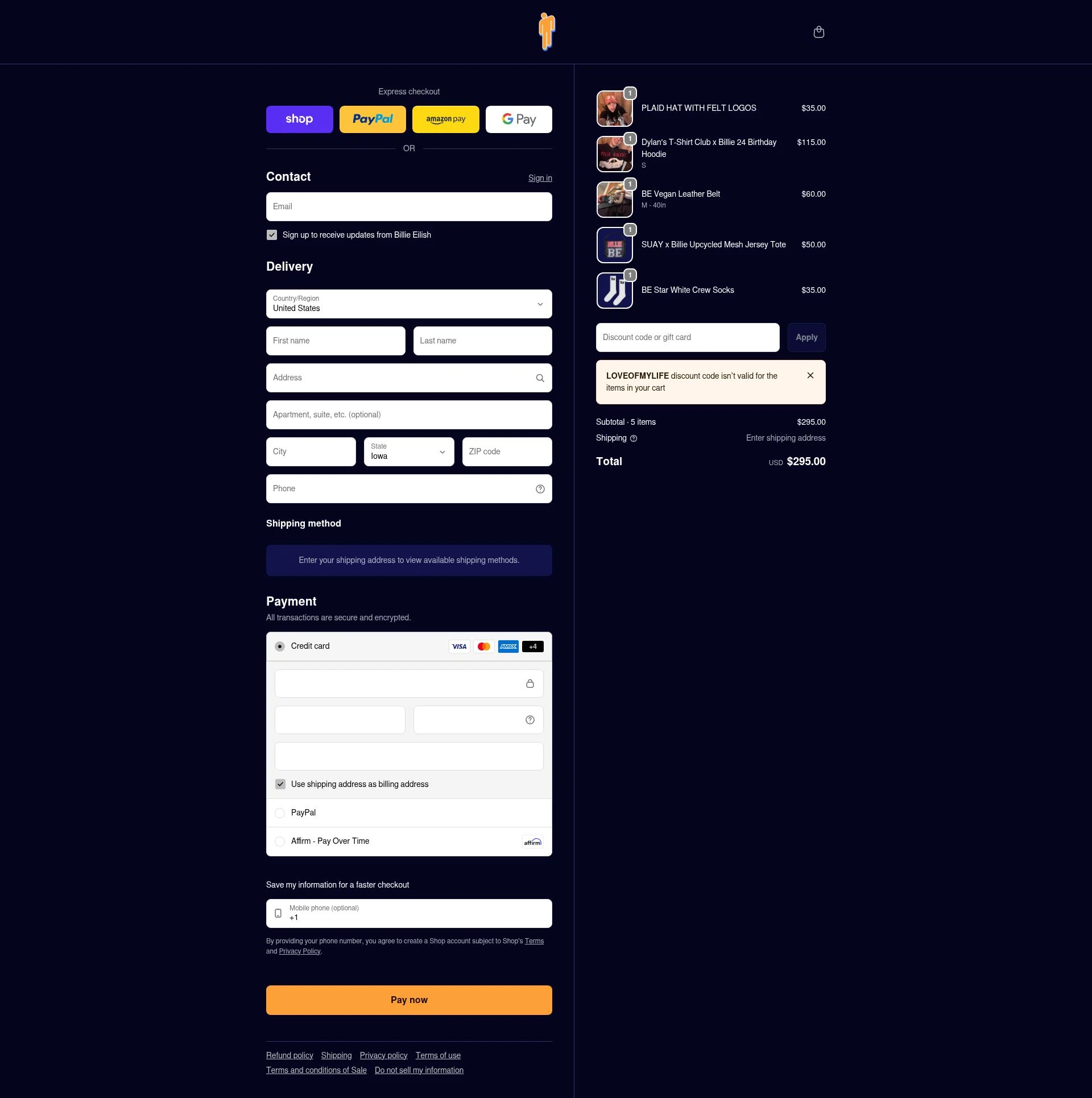 Billie Eilish checkout page showing Billie Eilish discount code box | Screenshot taken by SimplyCodes community member on Feb 4, 2026