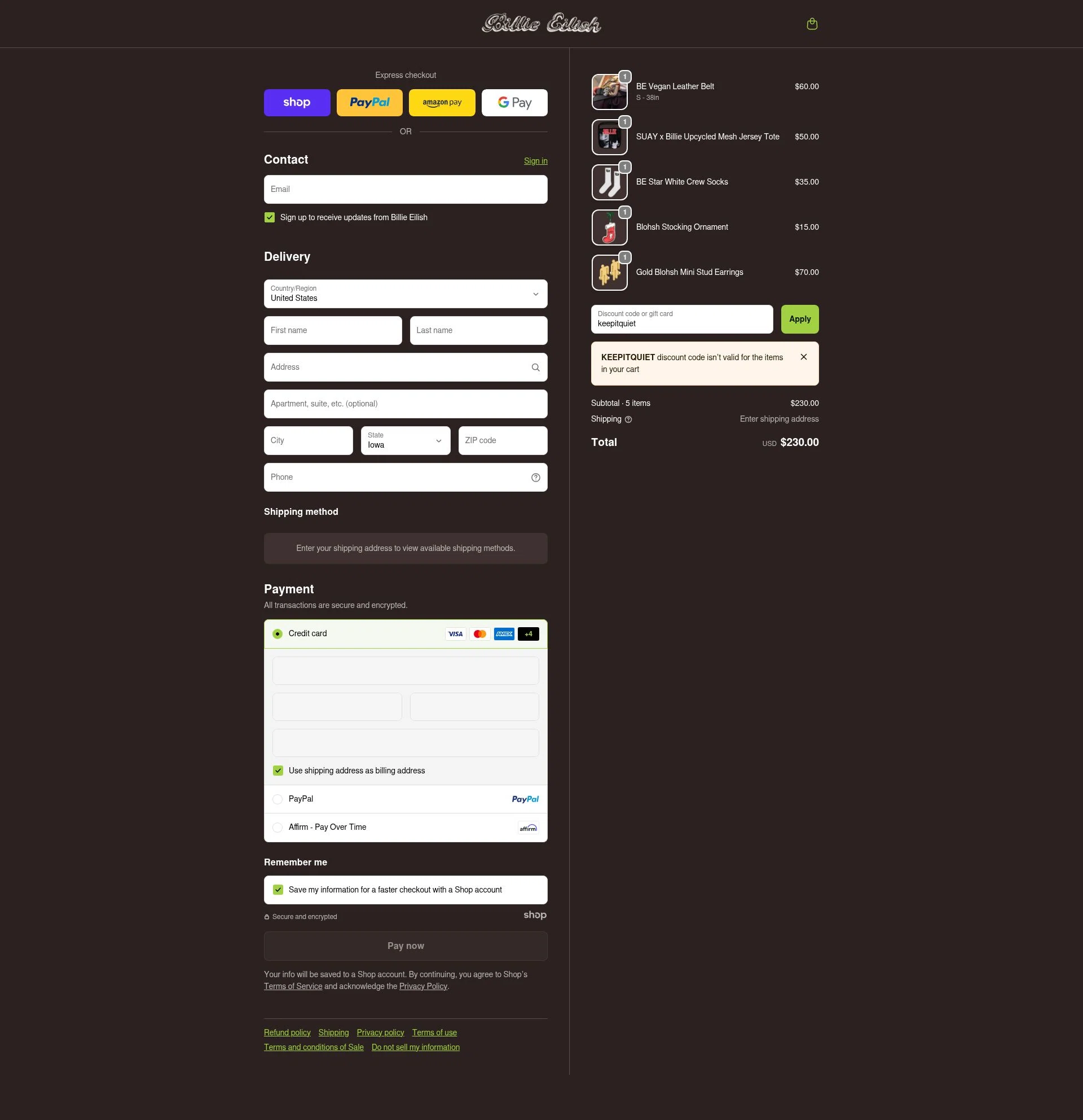 Billie Eilish checkout page showing Billie Eilish discount code box | Screenshot taken by SimplyCodes community member on Nov 28, 2025