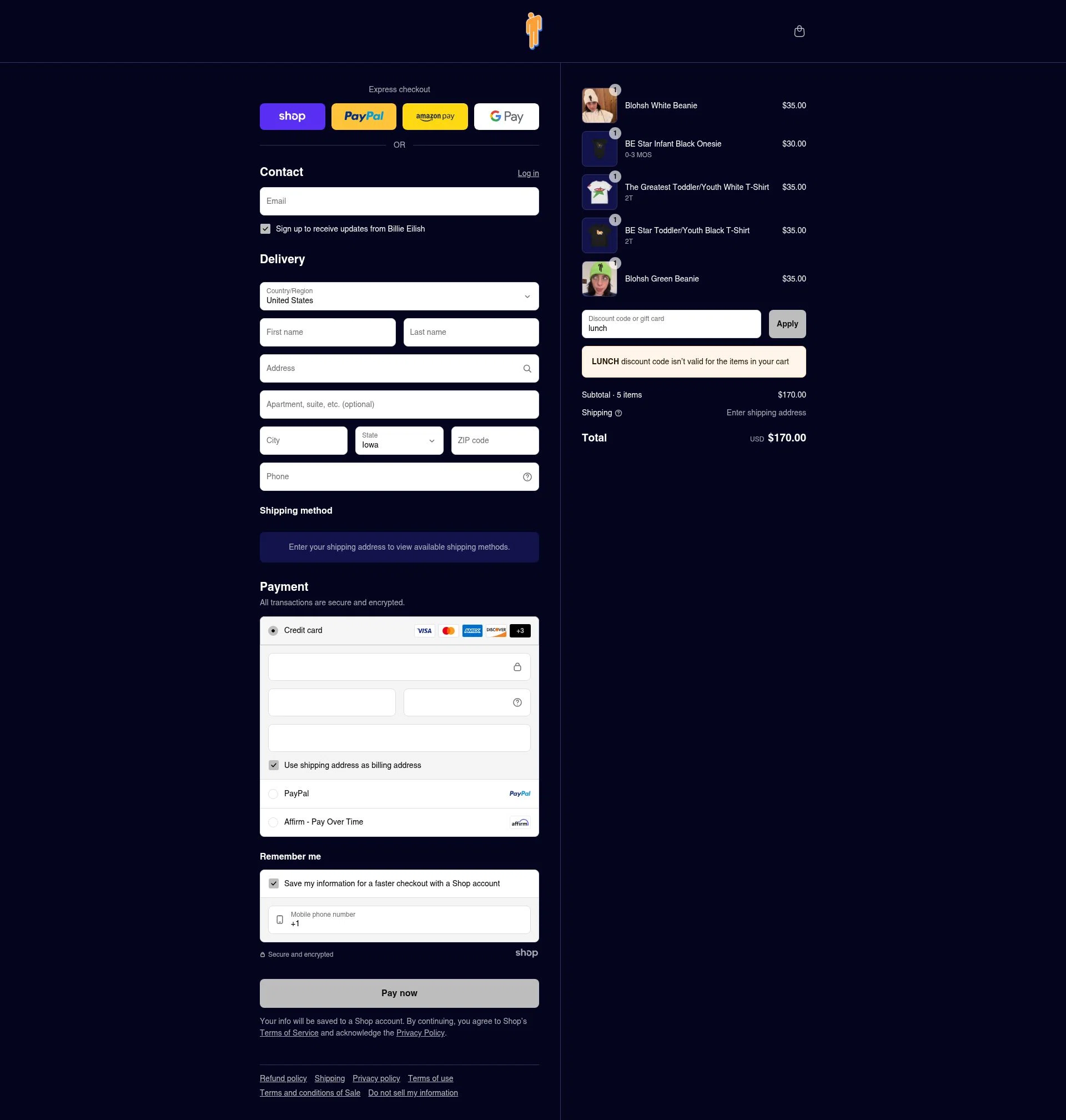 Billie Eilish checkout page showing Billie Eilish discount code box | Screenshot taken by SimplyCodes community member on Aug 30, 2025