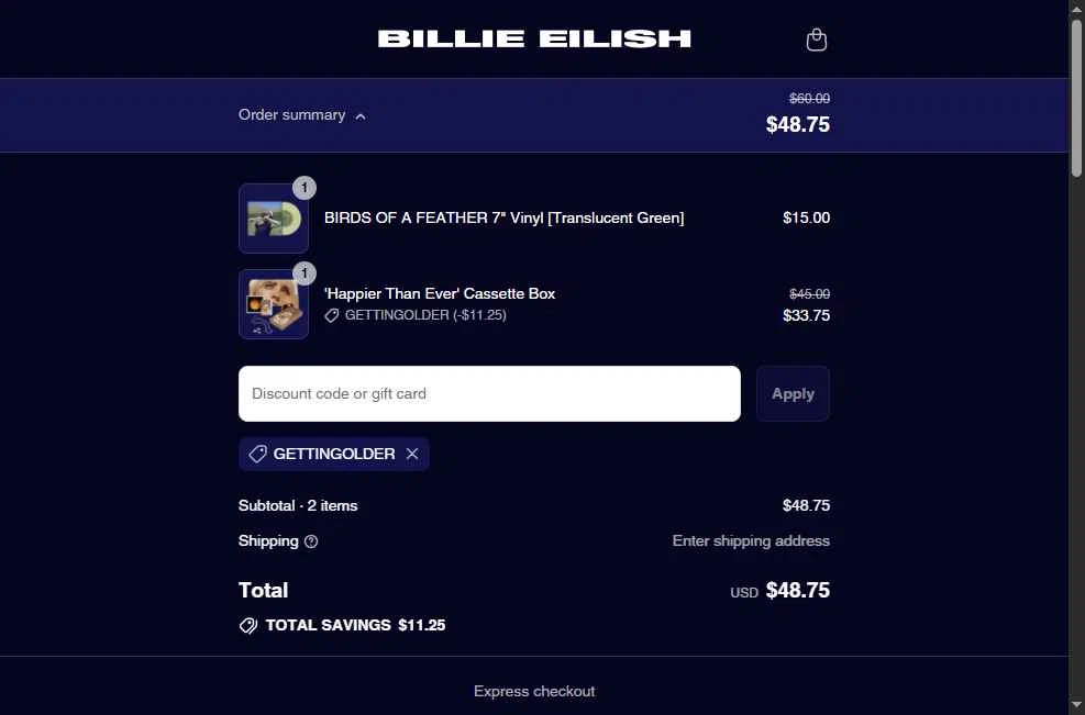 Billie Eilish checkout page showing Billie Eilish discount code box | Screenshot taken by SimplyCodes community member on Jul 30, 2025