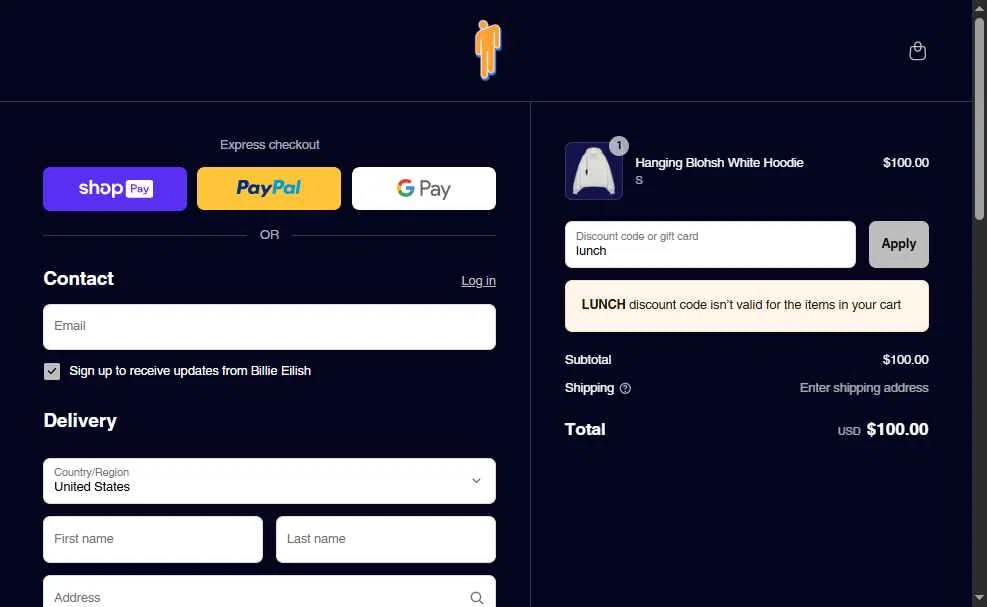 Billie Eilish checkout page showing Billie Eilish discount code box | Screenshot taken by SimplyCodes community member on Aug 26, 2025