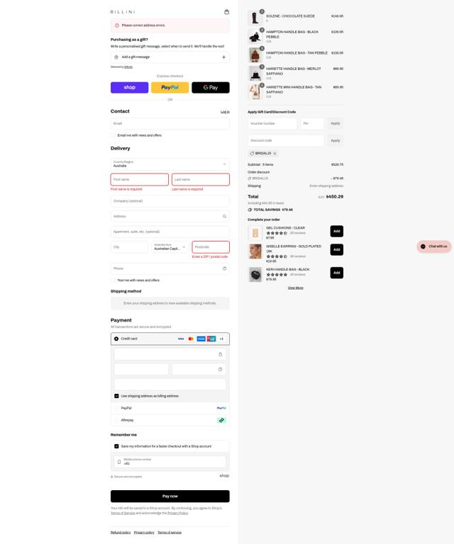 Billini checkout page showing Billini discount code box | Screenshot taken by SimplyCodes community member on Sep 8, 2025