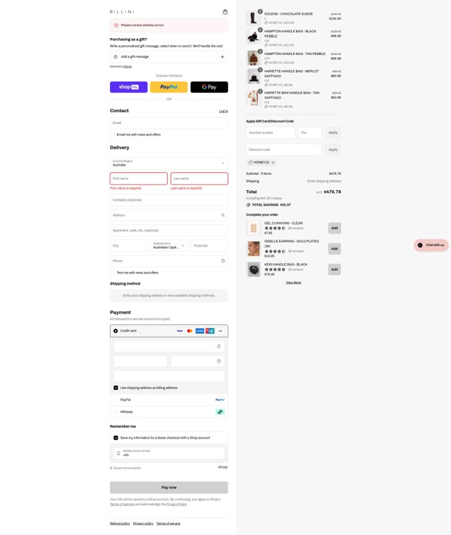 Billini checkout page showing Billini discount code box | Screenshot taken by SimplyCodes community member on Aug 27, 2025