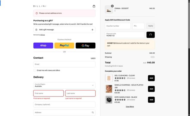 Billini checkout page showing Billini discount code box | Screenshot taken by SimplyCodes community member on Sep 4, 2025
