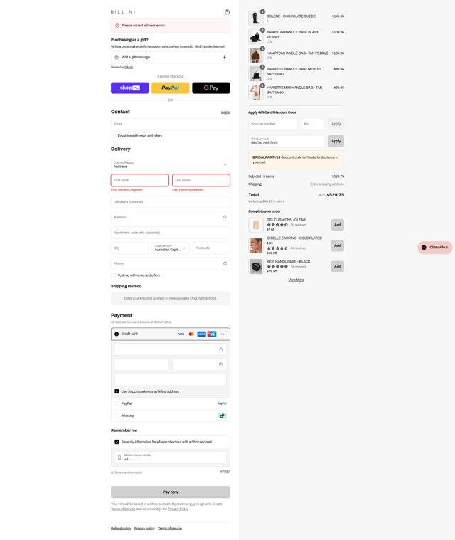 Billini checkout page showing Billini discount code box | Screenshot taken by SimplyCodes community member on Aug 27, 2025