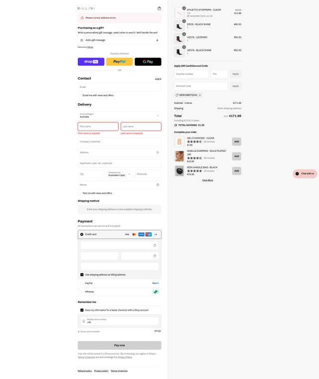 Billini checkout page showing Billini discount code box | Screenshot taken by SimplyCodes community member on Aug 23, 2025