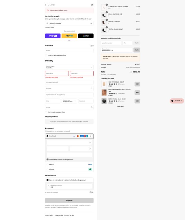 Billini checkout page showing Billini discount code box | Screenshot taken by SimplyCodes community member on Aug 23, 2025