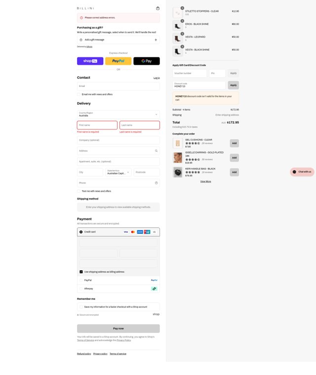 Billini checkout page showing Billini discount code box | Screenshot taken by SimplyCodes community member on Aug 23, 2025