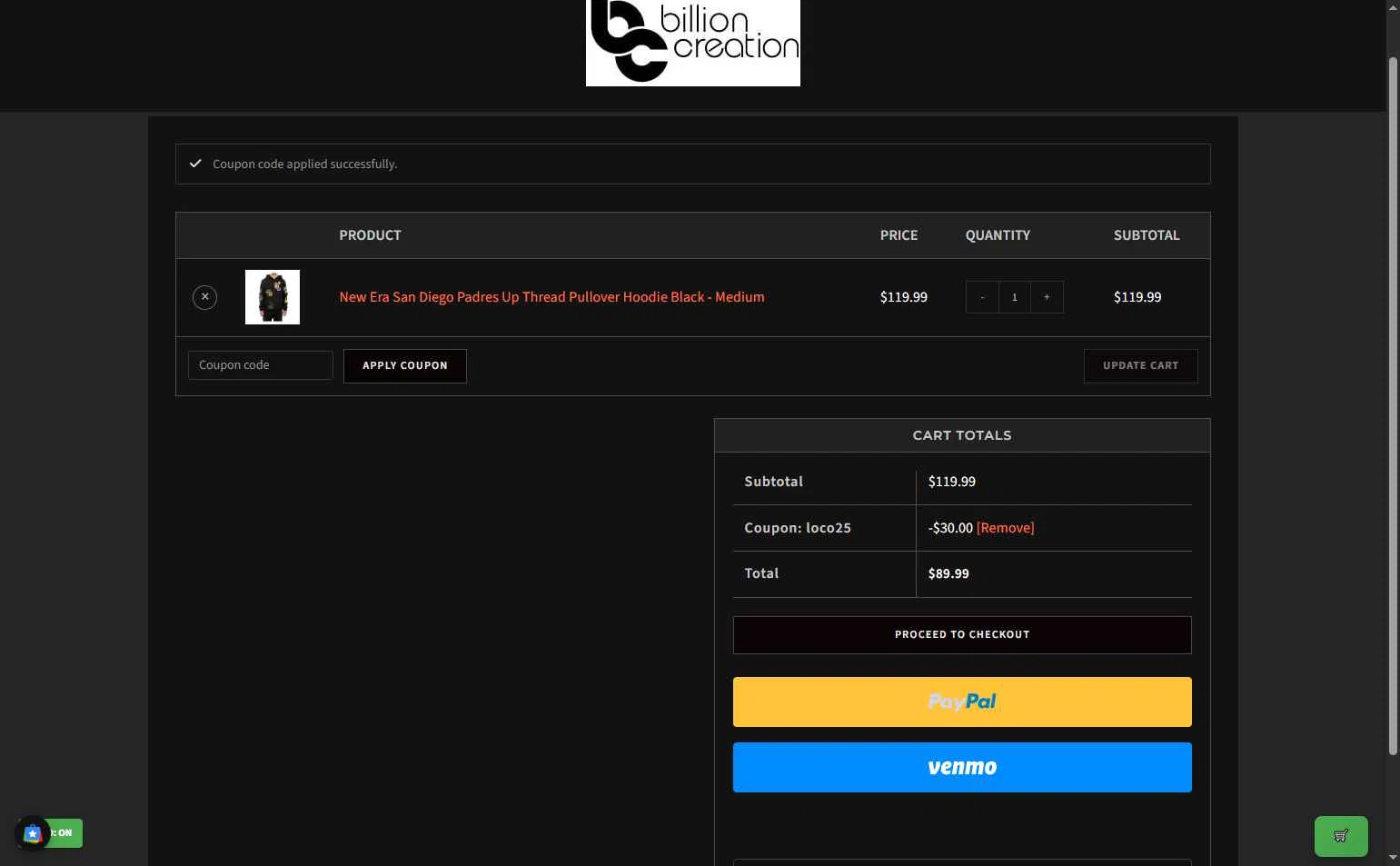 Billion Creation checkout page showing Billion Creation promo code box | Screenshot taken by SimplyCodes community member on Nov 3, 2025