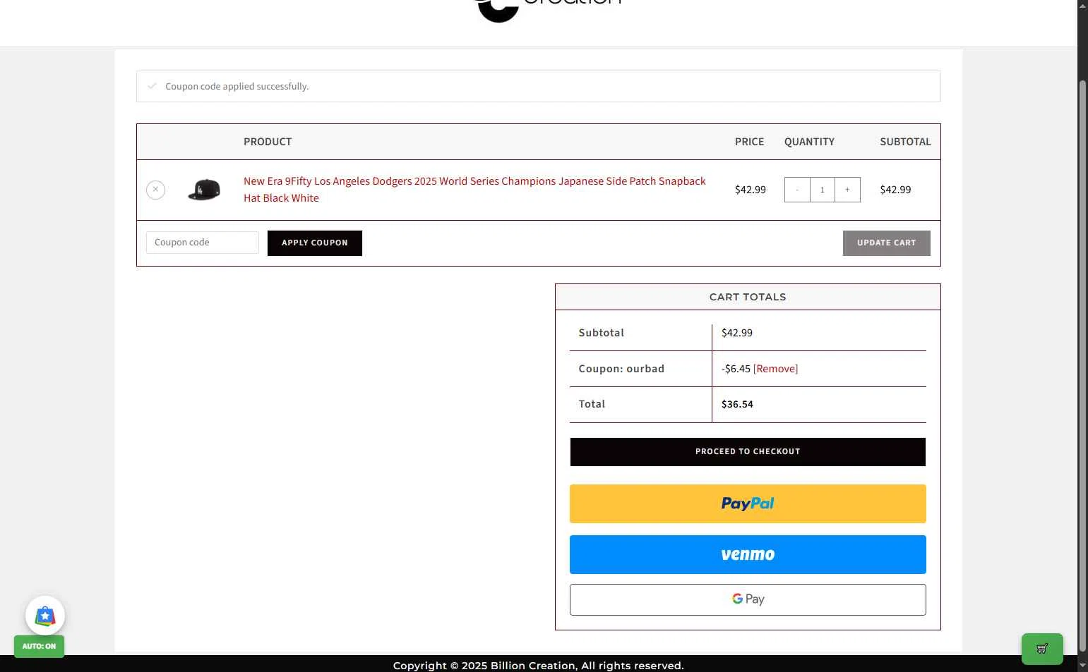 Billion Creation checkout page showing Billion Creation promo code box | Screenshot taken by SimplyCodes community member on Dec 10, 2025