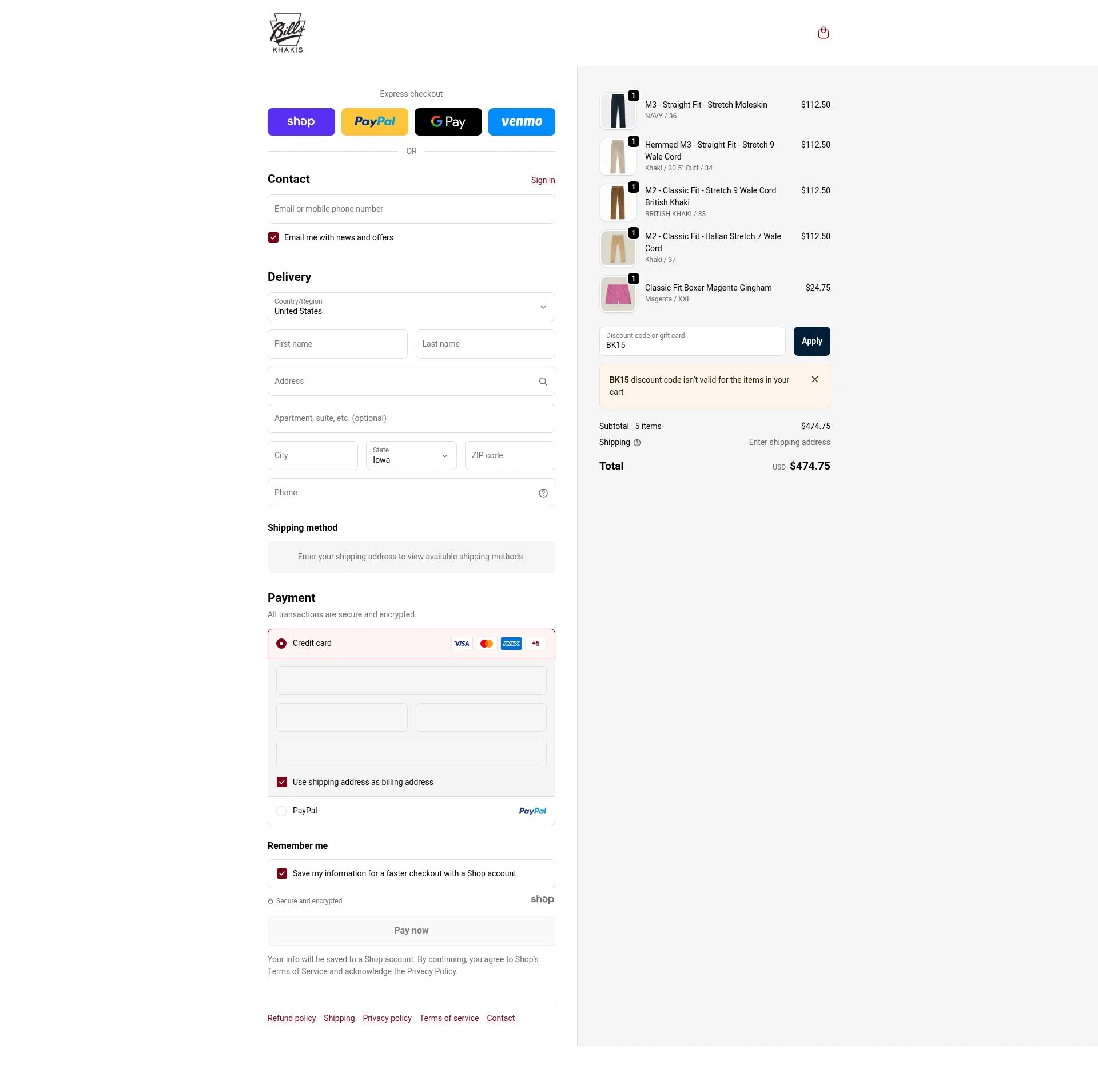 Bills Khakis checkout page showing Bills Khakis discount code box | Screenshot taken by SimplyCodes community member on Dec 5, 2025
