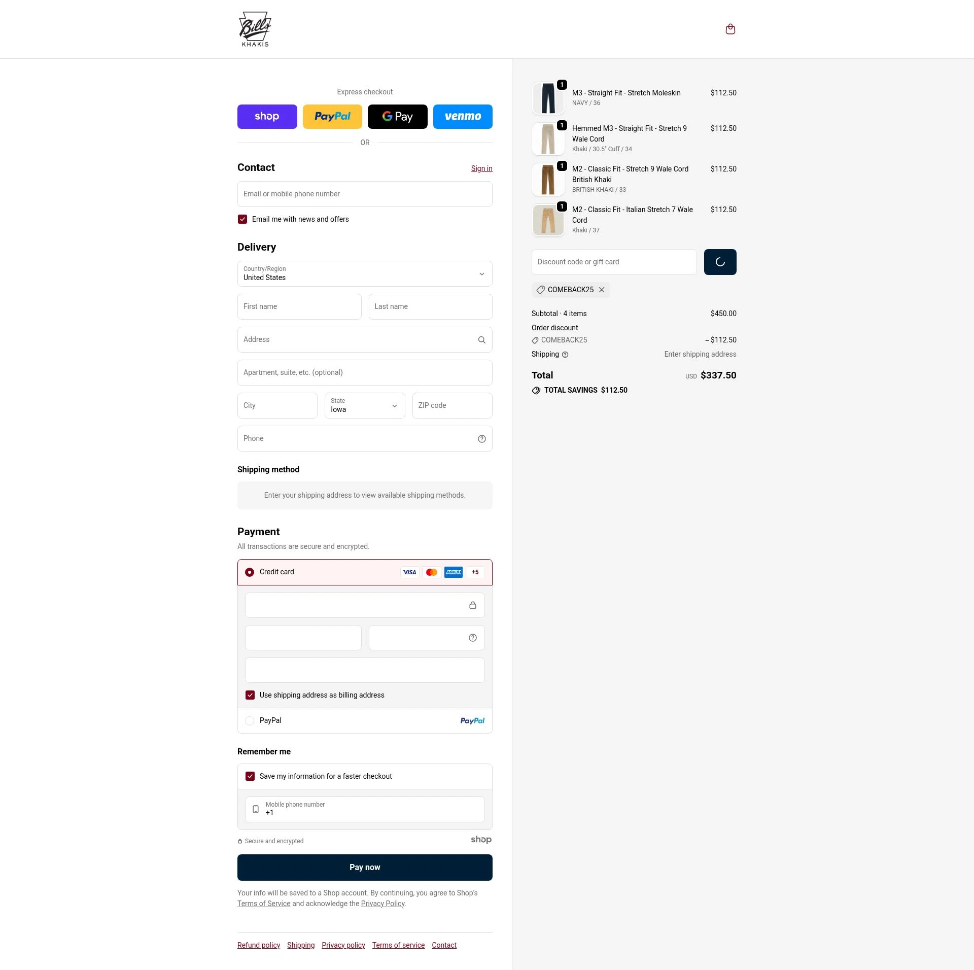 Bills Khakis checkout page showing Bills Khakis discount code box | Screenshot taken by SimplyCodes community member on Dec 17, 2025