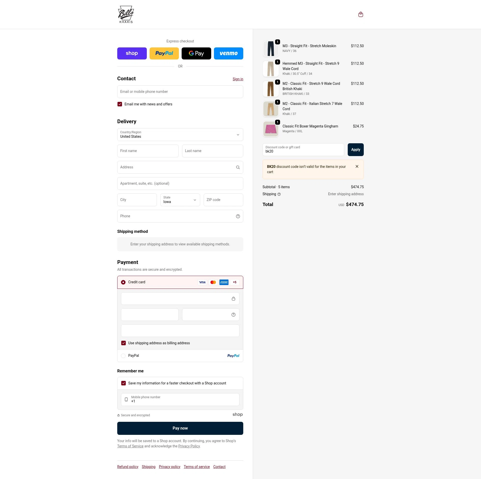Bills Khakis checkout page showing Bills Khakis discount code box | Screenshot taken by SimplyCodes community member on Dec 5, 2025