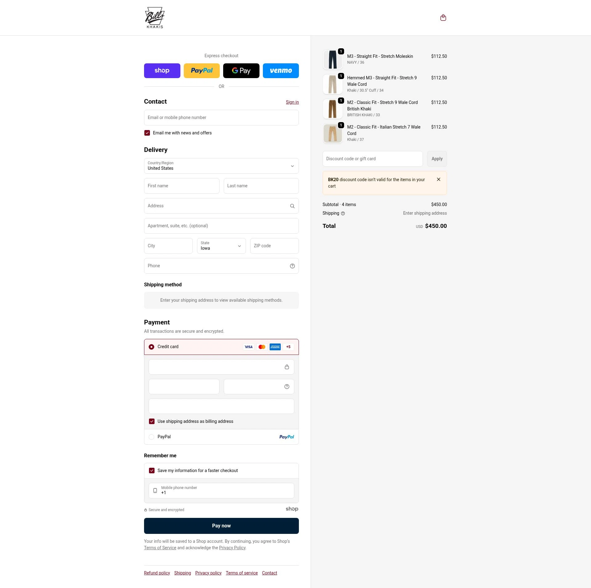 Bills Khakis checkout page showing Bills Khakis discount code box | Screenshot taken by SimplyCodes community member on Dec 17, 2025