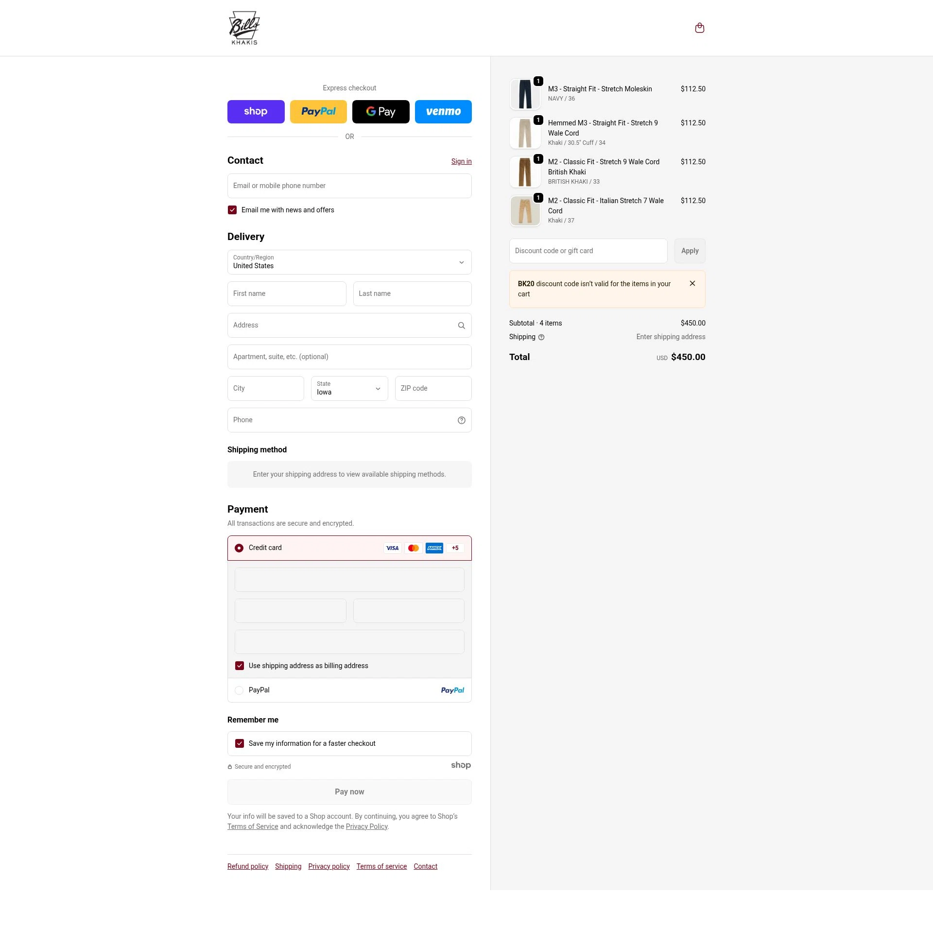 Bills Khakis checkout page showing Bills Khakis discount code box | Screenshot taken by SimplyCodes community member on Dec 23, 2025