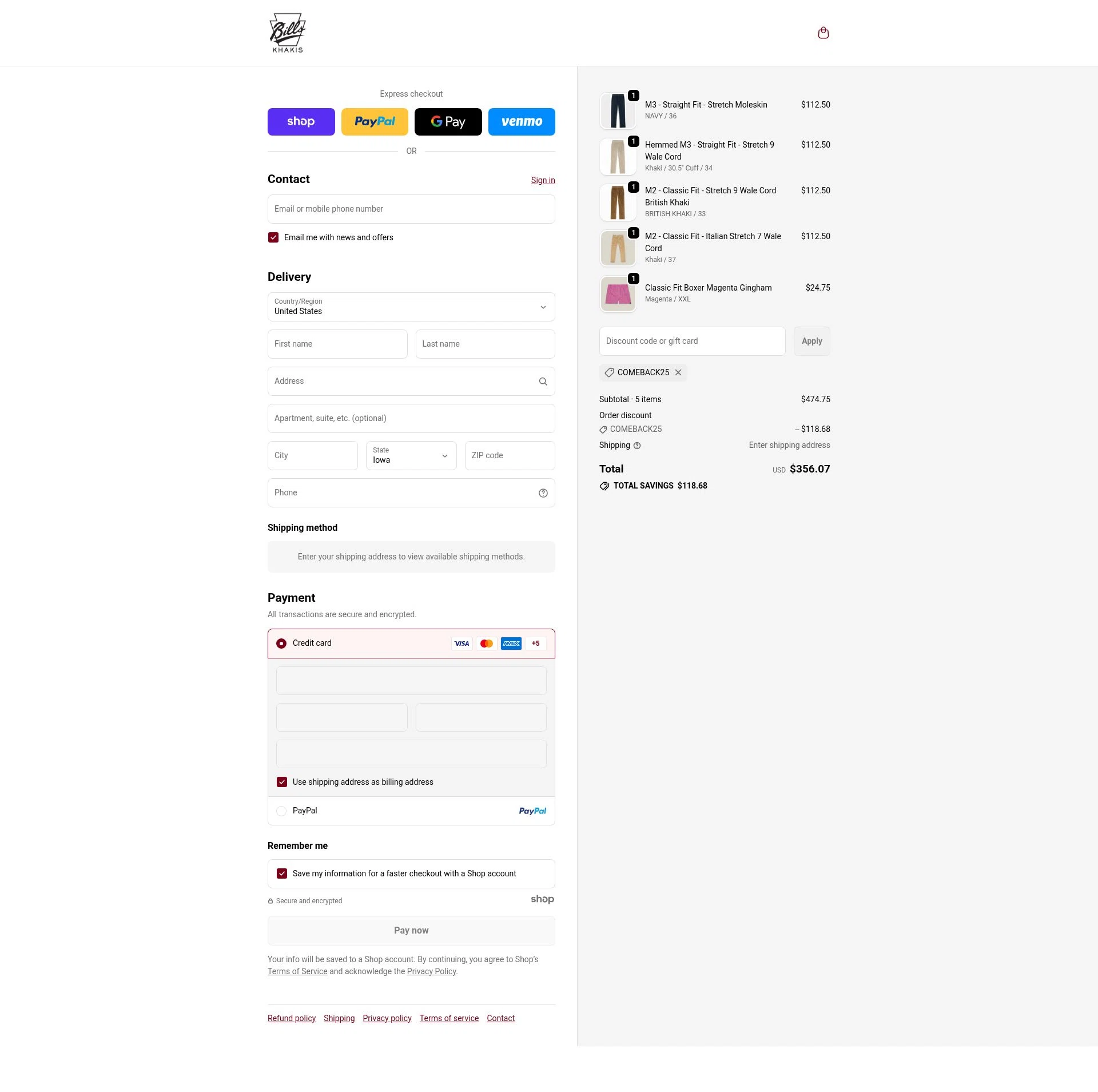 Bills Khakis checkout page showing Bills Khakis discount code box | Screenshot taken by SimplyCodes community member on Dec 5, 2025