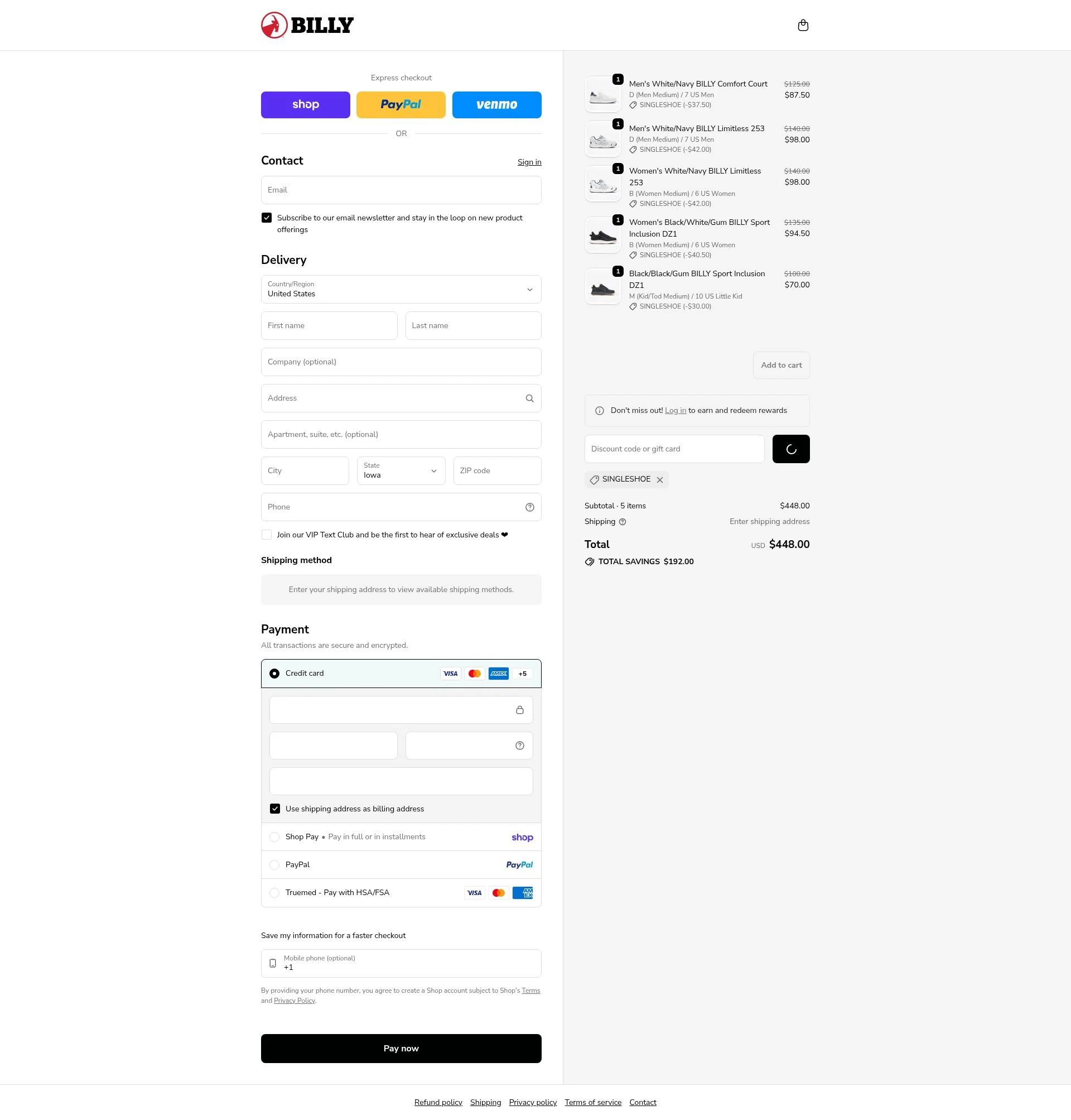 BILLY Footwear checkout page showing BILLY Footwear discount code box | Screenshot taken by SimplyCodes community member on Feb 14, 2026