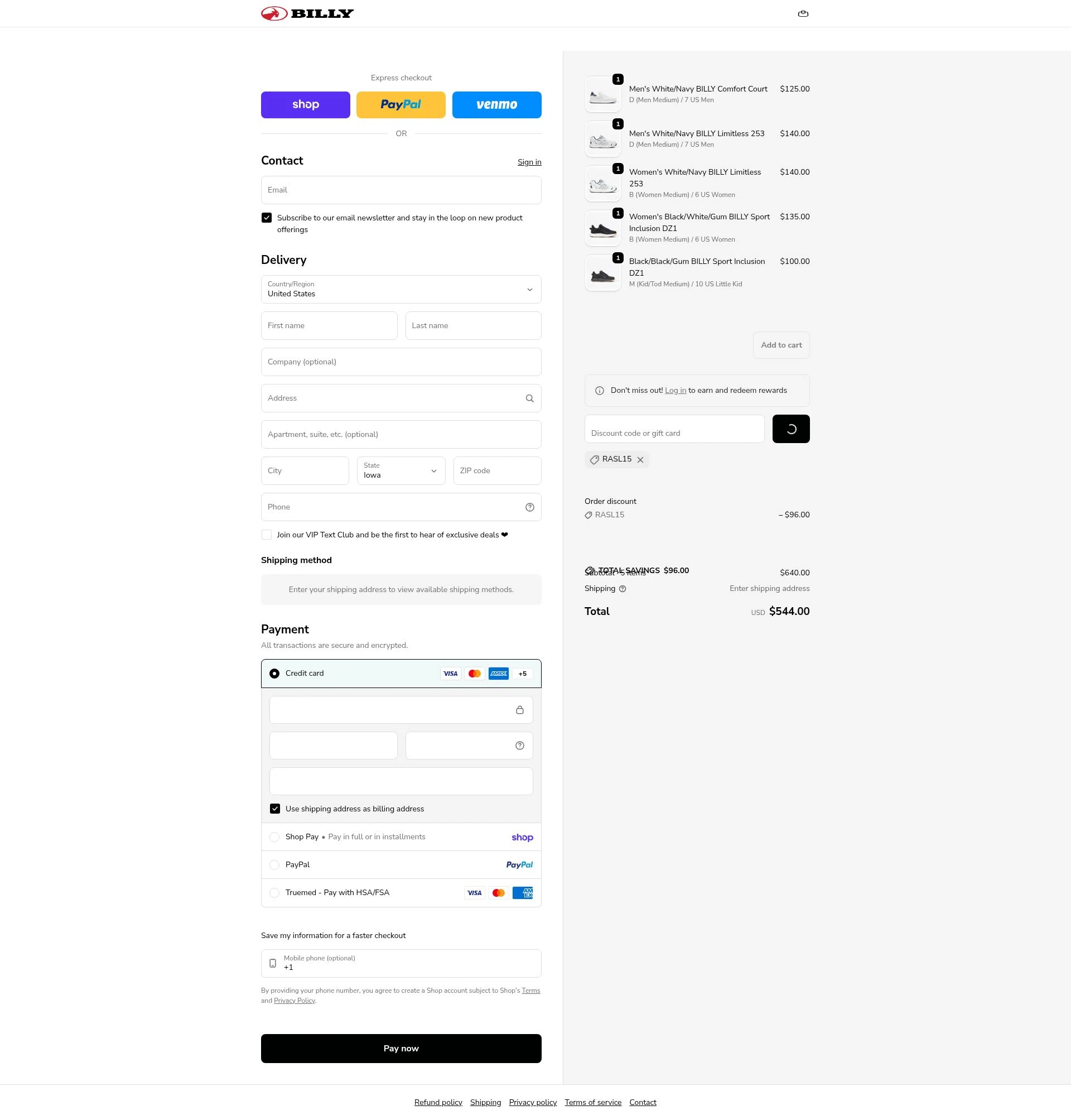 BILLY Footwear checkout page showing BILLY Footwear discount code box | Screenshot taken by SimplyCodes community member on Feb 13, 2026