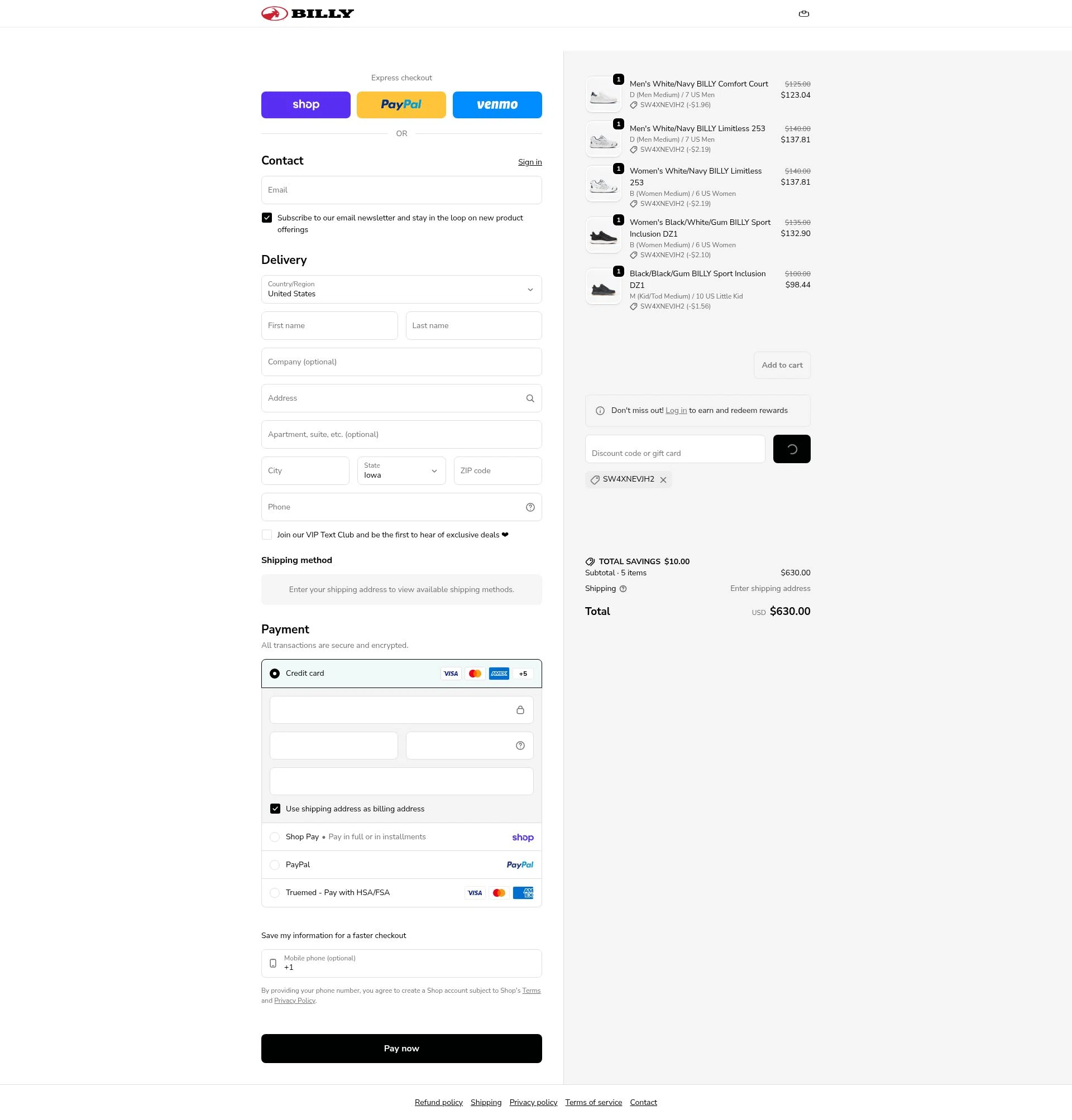 BILLY Footwear checkout page showing BILLY Footwear discount code box | Screenshot taken by SimplyCodes community member on Feb 18, 2026