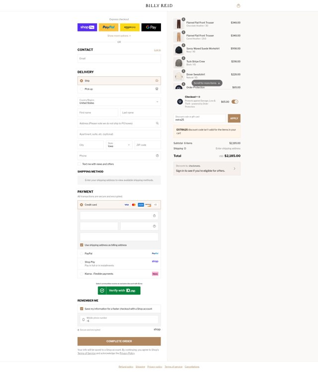 Billy Reid checkout page showing Billy Reid discount code box | Screenshot taken by SimplyCodes community member on Aug 27, 2025
