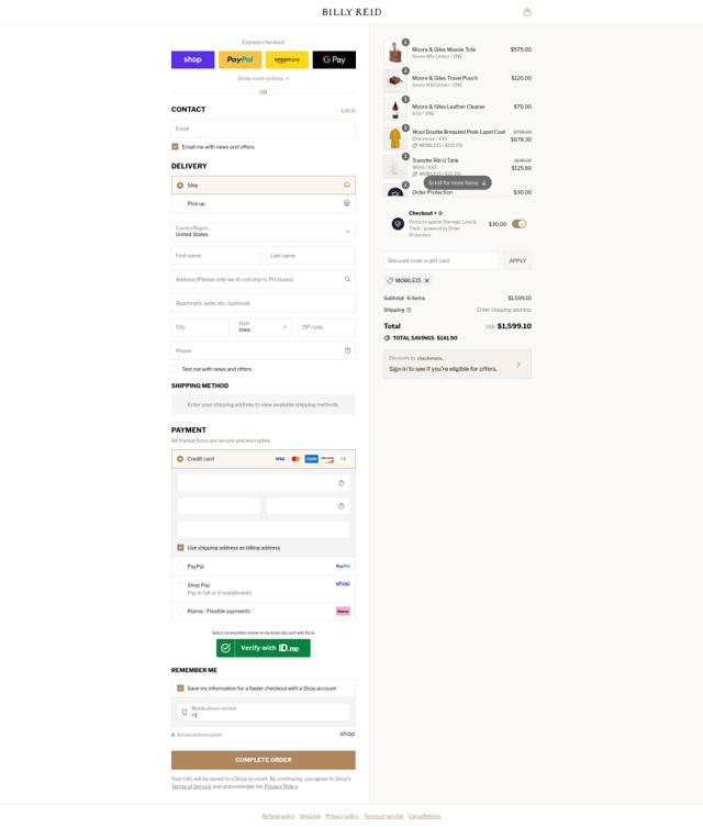 Billy Reid checkout page showing Billy Reid discount code box | Screenshot taken by SimplyCodes community member on Sep 8, 2025
