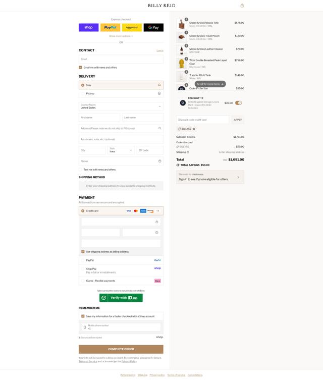 Billy Reid checkout page showing Billy Reid discount code box | Screenshot taken by SimplyCodes community member on Sep 8, 2025