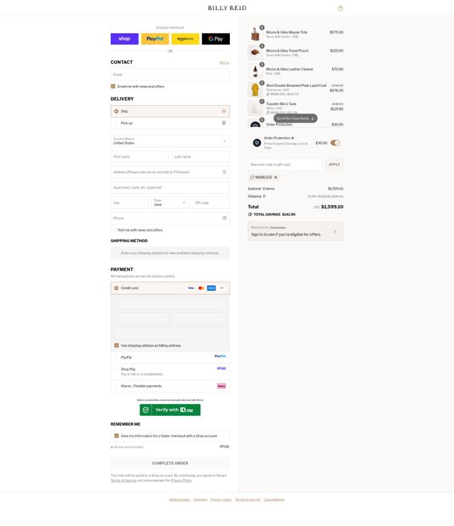 Billy Reid checkout page showing Billy Reid discount code box | Screenshot taken by SimplyCodes community member on Sep 12, 2025