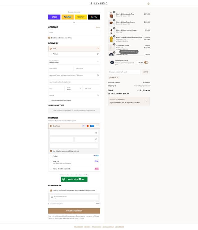 Billy Reid checkout page showing Billy Reid discount code box | Screenshot taken by SimplyCodes community member on Sep 12, 2025