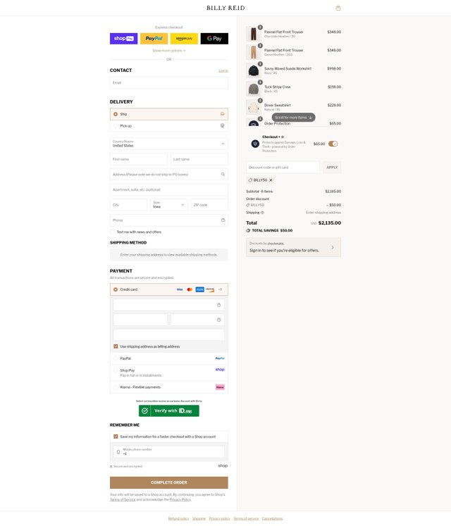 Billy Reid checkout page showing Billy Reid discount code box | Screenshot taken by SimplyCodes community member on Aug 27, 2025