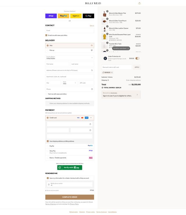 Billy Reid checkout page showing Billy Reid discount code box | Screenshot taken by SimplyCodes community member on Sep 12, 2025