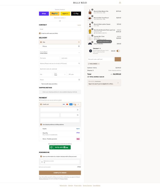 Billy Reid checkout page showing Billy Reid discount code box | Screenshot taken by SimplyCodes community member on Sep 8, 2025