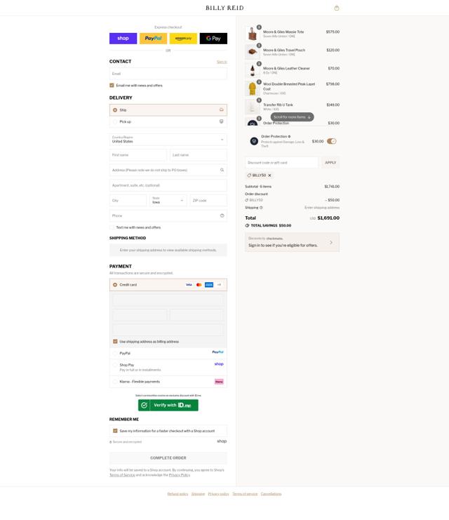 Billy Reid checkout page showing Billy Reid discount code box | Screenshot taken by SimplyCodes community member on Sep 12, 2025