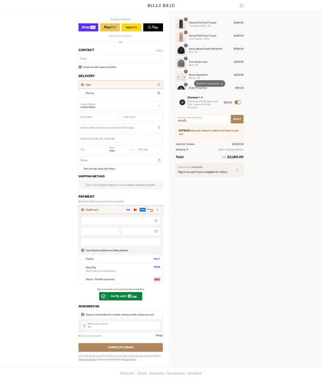 Billy Reid checkout page showing Billy Reid discount code box | Screenshot taken by SimplyCodes community member on Aug 23, 2025