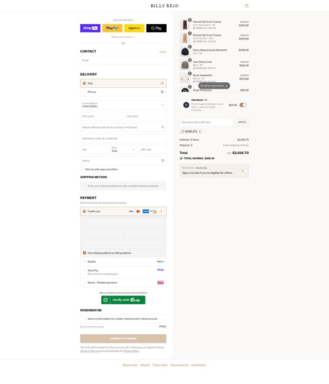 Billy Reid checkout page showing Billy Reid discount code box | Screenshot taken by SimplyCodes community member on Aug 27, 2025