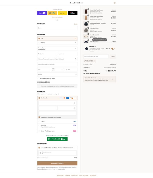 Billy Reid checkout page showing Billy Reid discount code box | Screenshot taken by SimplyCodes community member on Aug 27, 2025