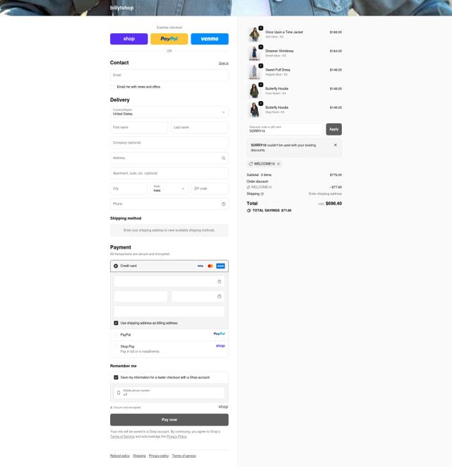Billy T checkout page showing Billy T promo code box | Screenshot taken by SimplyCodes community member on Oct 2, 2025