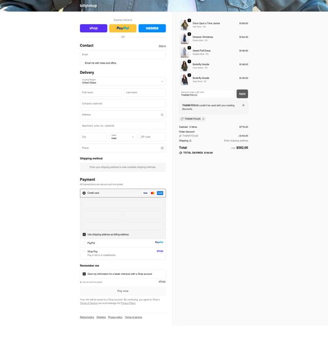 Billy T checkout page showing Billy T promo code box | Screenshot taken by SimplyCodes community member on Oct 2, 2025