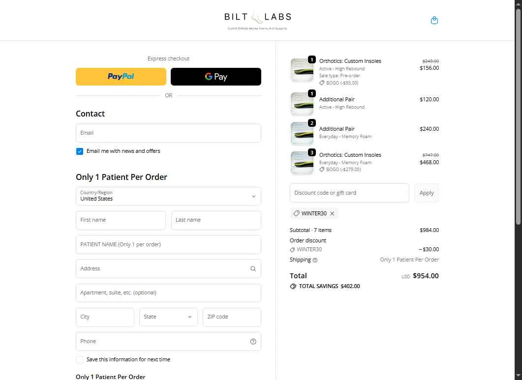 Bilt Labs checkout page showing Bilt Labs discount code box | Screenshot taken by SimplyCodes community member on Dec 16, 2025