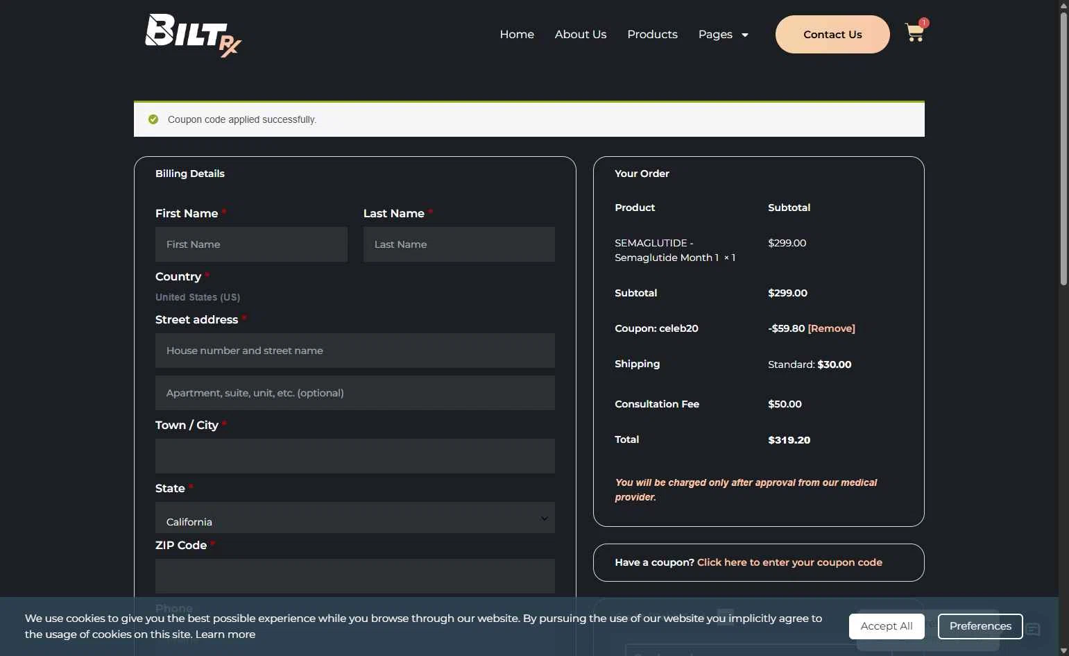 BiltRx checkout page showing BiltRx promo code box | Screenshot taken by SimplyCodes community member on Apr 25, 2025