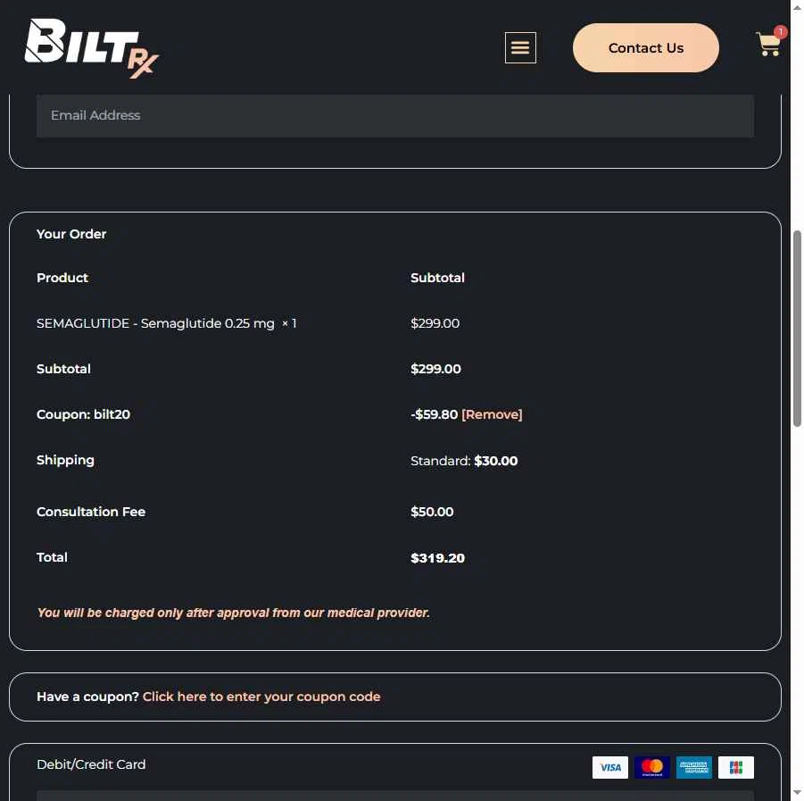 BiltRx checkout page showing BiltRx promo code box | Screenshot taken by SimplyCodes community member on Jun 26, 2025