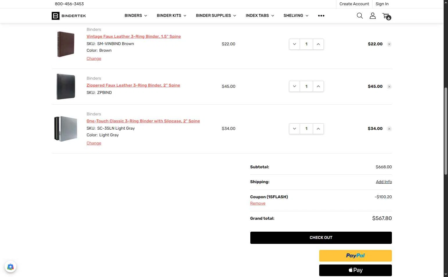 Bindertek checkout page showing Bindertek promo code box | Screenshot taken by SimplyCodes community member on Aug 25, 2025