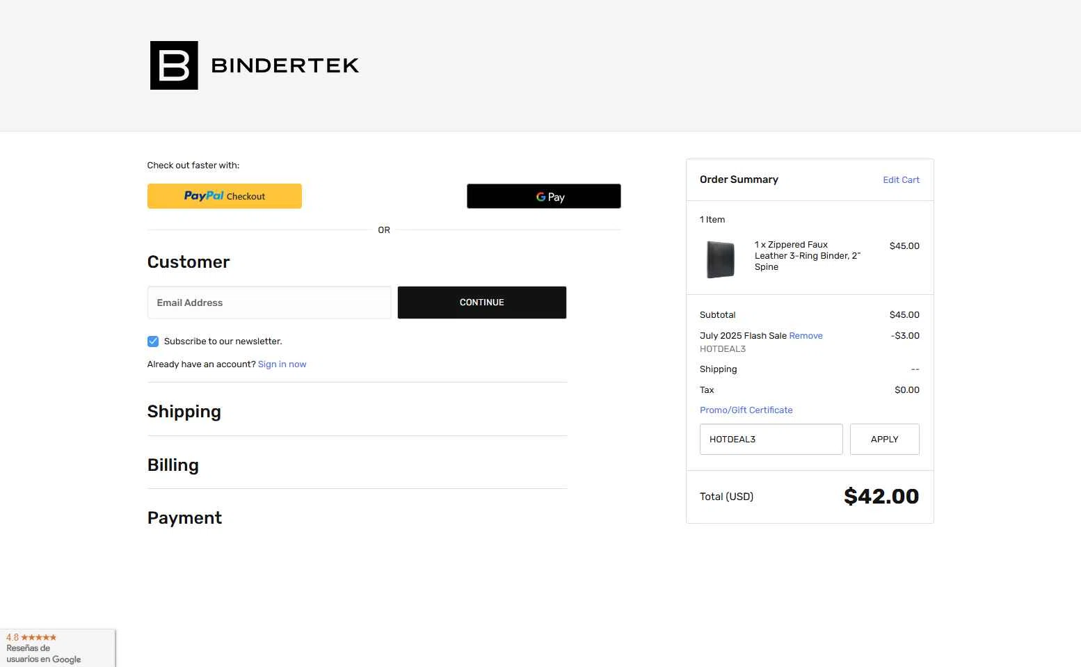 Bindertek checkout page showing Bindertek promo code box | Screenshot taken by SimplyCodes community member on Jul 21, 2025